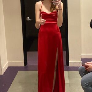 Red open back prom dress